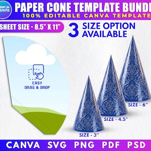Könnte beinhalten: Ein Papierkegel-Vorlagenpaket mit drei Größenoptionen: 7,6 cm, 11,4 cm und 15,2 cm. Die Kegel sind blau mit einem dekorativen Muster. Die Vorlage ist zu 100 % in Canva bearbeitbar und enthält SVG-, PNG-, PDF- und PSD-Formate.