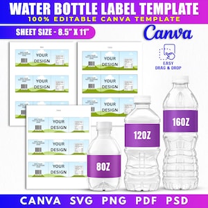May include: A water bottle label template with the text "WATER BOTTLE LABEL TEMPLATE" and "100% EDITABLE CANVA TEMPLATE". The image shows labels for 8oz, 12oz, and 16oz bottles, along with three water bottles with purple labels.