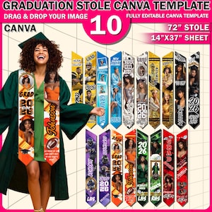 May include: A graduation stole Canva template with a green gown. The image shows a woman wearing a graduation stole with the text "GRAD 2026" and "Johnson". The template includes 10 stoles, each 72 inches long and 14x37 inches in size.