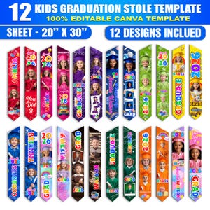 Pode incluir: Um modelo para estolas de formatura infantil, com 12 designs. As estolas são coloridas, com fotos, nomes e o ano de 2026. O tamanho da folha é 50,8 cm x 76,2 cm. O texto inclui "Parabéns", "Formado" e nomes como Amelia e Davis.