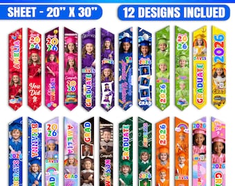 12 Kids Graduation Stole Bundle, Class of 2026 Preschool Kindergarten Sash, Canva Editable, Child Grad Sash Template Junior Milestone Design