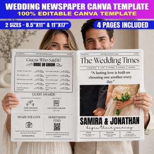 Pode incluir: Um modelo Canva de jornal de casamento com o texto "Wedding Newspaper Canva Template" e "100% Editable Canva Template". O modelo inclui 4 páginas e está disponível em 2 tamanhos: 21,6 cm x 27,9 cm e 27,9 cm x 43,2 cm.