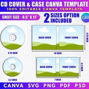 May include: A digital template for CD covers and cases, featuring two size options. The design includes a CD and case layout with a sky and landscape background. The sheet size is 8.5" x 11". The CD is 4.75 inches and 3.2 inches.