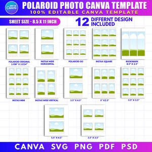 May include: A digital Polaroid photo Canva template featuring 12 different designs on 8.5 x 11 inch sheets. The layout includes various frame sizes like Instax Mini, Square, Wide, and bookmarks, with labels and dimensions in inches for each style.