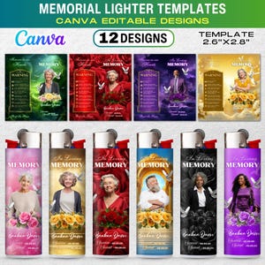 May include: A collection of 12 memorial lighter templates for Canva, each measuring 2.6 inches by 2.8 inches. The designs feature floral backgrounds, doves, and text including In Loving Memory, with placeholders for photos and dates of birth and death.