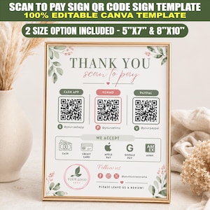 Editable Scan to Pay Sign QR Code Template, Canva Printable Payment Sign, Accepted Payments Customizable DIY Small Business Checkout Sign