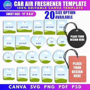 May include: A template for car air fresheners with 20 size options. The sheet size is 11" x 8.5". The design includes various shapes and sizes, such as squares, rectangles, circles, and a heart shape. The template is editable in Canva and available in SVG, PNG, PDF, and PSD formats.