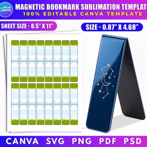 May include: A template for magnetic bookmarks. The sheet size is 8.5" x 11". The bookmark size is 0.87" x 4.68". The image shows a blue magnetic bookmark with a constellation design and a sheet of bookmark templates.