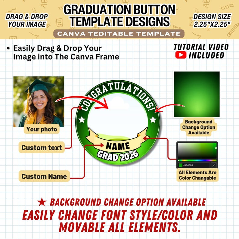4x Graduation Button Canva Template, Editable 2.25 Inch Photo Button ...