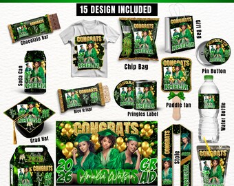 15x Green Graduation Party Favor Templates, Class of 2026 Senior Chip Bag Wrapper, Custom Water Bottle Labels, Gable Box Canva Bundle