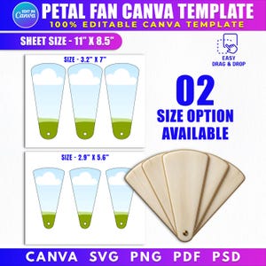 May include: A digital template for petal fans, with two size options. The design includes fan outlines with sky and grass illustrations, and a stack of wooden fans. Text includes "Petal Fan Canva Template" and "100% Editable Canva Template". Sheet size is 27.9 cm x 21.6 cm.