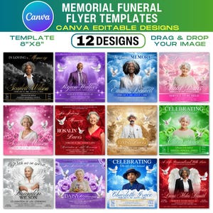 May include: A collection of 12 editable memorial funeral flyer templates in an 8x8 inch format. Each design features a placeholder for a portrait, decorative elements like clouds, doves, and flowers, and text fields for names, dates, and service details.