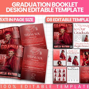 May include: A graduation booklet design template with a red and white color scheme. The template includes magazine-style layouts with photos of a graduate in a red gown and cap. Text includes "Graduation Booklet Design Editable Template" and "100% Editable Template."