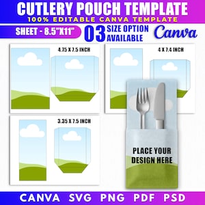 May include: A digital cutlery pouch template for Canva featuring three size options: 4.75 x 7.5 inches, 4 x 7.4 inches, and 3.35 x 7.5 inches. The design includes a landscape graphic with a blue sky, white clouds, and green hills.