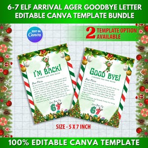 Könnte beinhalten: Zwei weihnachtliche Briefvorlagen mit den Texten "I'm Back!" und "Good Bye!" mit Elfenillustrationen. Die Vorlagen sind 12,7 x 17,8 cm groß und zu 100 % in Canva bearbeitbar. Die Briefe sind mit Weihnachtselementen verziert.