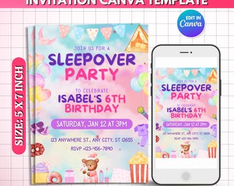 Editable Slumber Party Birthday Invitation, Sleepover Invite, Pink Spa Party, Pajama Party, Tween Teen Girl Birthday Digital Canva Template