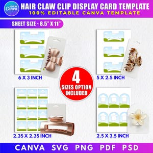 Op de afbeelding: Een sjabloon voor displaykaarten voor haarclips met vier formaten: 15,24 x 7,62 cm, 12,7 x 6,35 cm, 5,97 x 5,97 cm en 6,35 x 8,89 cm. Het velformaat is 21,59 cm x 27,94 cm. De sjabloon is 100% bewerkbaar in Canva.