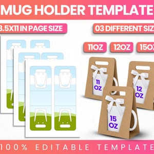 Mugghållarmall Canva redigerbar, 11oz 12oz 15oz mugg presentask mall, utskrivbar muggförpackning, festfavorit mugglåda digital nedladdning