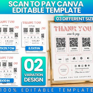 Puede incluir: Una plantilla de letrero de pago digital con el texto THANK YOU y scan to pay, incluyendo espacios para códigos QR de Cash App, Venmo y PayPal. Incluye iconos para Visa, efectivo, tarjeta de crédito, Google Pay y Mastercard.