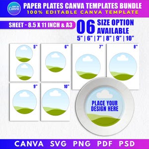 Puede incluir: Un paquete de plantillas Canva para platos de papel, con seis tamaños disponibles: 12,7 cm, 15,2 cm, 17,8 cm, 20,3 cm, 22,9 cm y 25,4 cm. Las plantillas son 100% editables e incluyen un tamaño de hoja A3. El diseño presenta un plato con espacio para tu diseño.