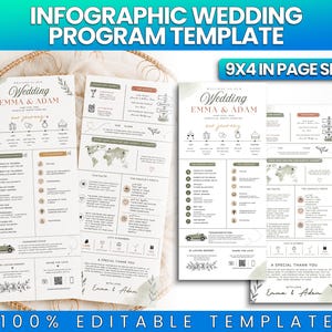 May include: A wedding programme template featuring a 22.86 x 10.16 cm page size, displaying a timeline, wedding party list, ceremony details, fun facts, and a thank you note. The design uses a neutral colour palette with green and brown accents.