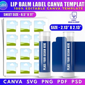 Puede incluir: Una plantilla Canva para etiquetas de bálsamo labial con el texto "LIP BALM LABEL CANVA TEMPLATE" y "100% EDITABLE CANVA TEMPLATE". El tamaño de la hoja es de 21,59 cm x 27,94 cm, y el tamaño de la etiqueta es de 5,41 cm x 5,41 cm. La plantilla incluye un área de diseño con el texto "PLACE YOUR DESIGN HERE".