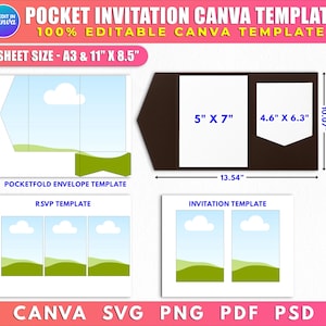 Puede incluir: Plantilla digital para invitaciones de bolsillo, editable en Canva. Incluye plantillas de sobre plegable, RSVP e invitación. Las dimensiones se muestran en pulgadas, con tarjetas de 12,7 cm x 17,8 cm y 11,7 cm x 16 cm.