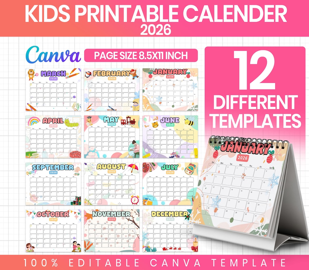 2026 Kids Calendar Printable, Cute Monthly Planner, Homeschool Wall ...