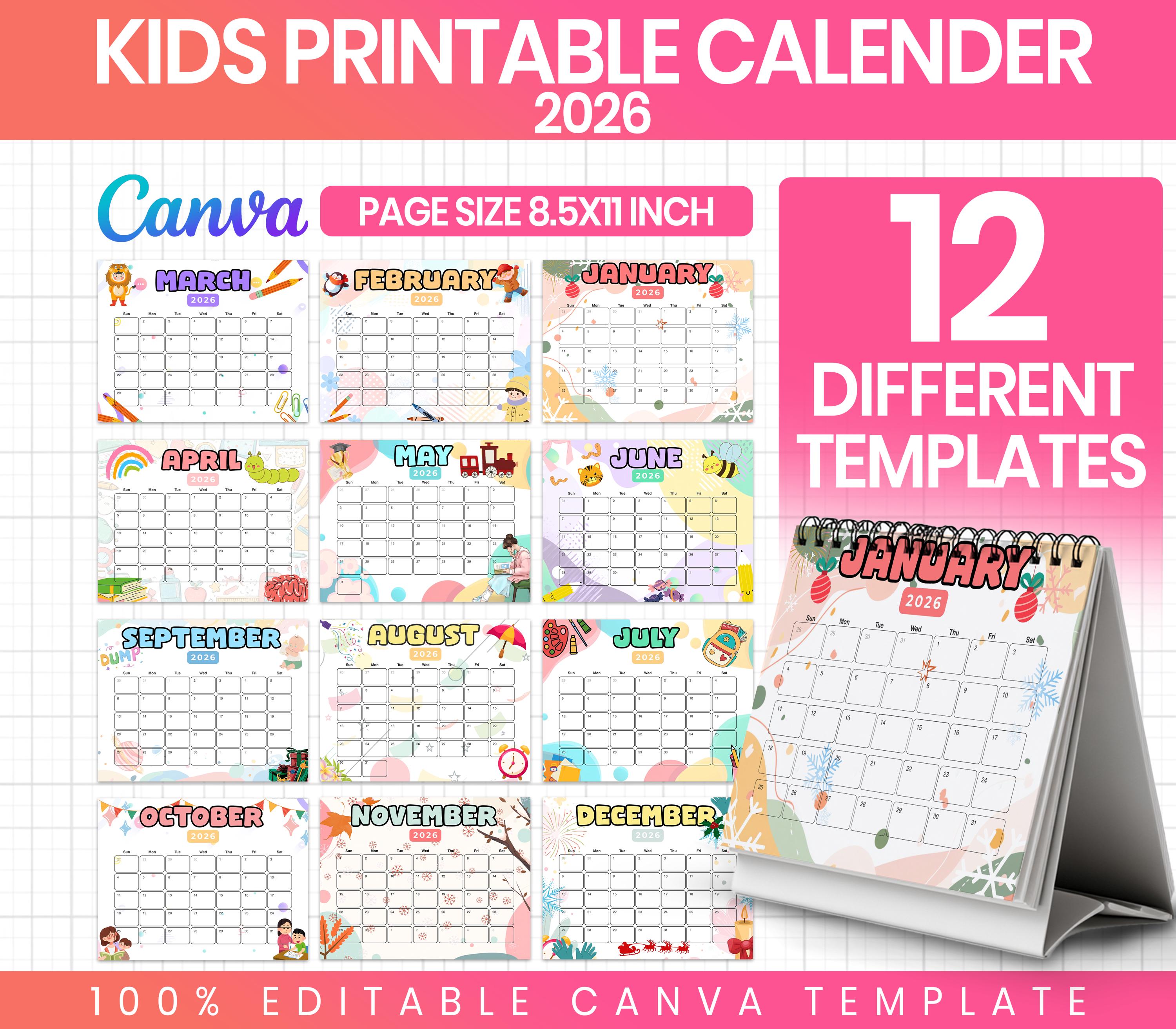 2026 Kids Calendar Printable, Cute Monthly Planner, Homeschool Wall ...