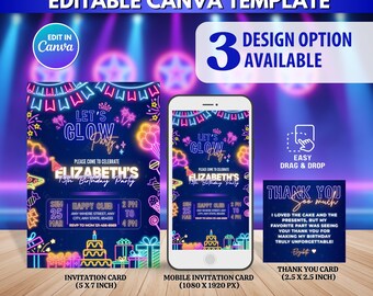 EDITABLE Neon Birthday Invitation, Blue Glow Party Invite, Teenager Birthday, 13th 14th Year Old Boy, Laser Tag, Canva Template, Digital