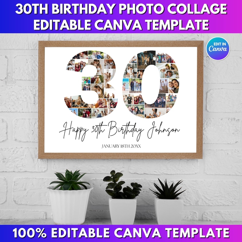 30th Birthday Photo Collage Template, Number 30 Picture Collage ...