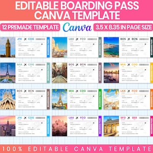 May include: A Canva template featuring 12 premade boarding pass designs. Each pass includes destination codes, a name field, and a date. The template is 3.5 x 8.35 inches and 100% editable.