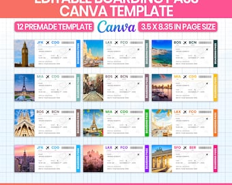 12x Editable Boarding Pass Template, Printable Airline Ticket Gift, Surprise Trip Reveal, Boarding Pass Voucher Canva Bundle DIY Travel Gift