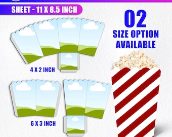 Popcorn Box Canva Template, Editable Snack Box Wrap SVG PNG, Kids Party Favor Box, DIY Custom Packaging Template, 4X2 inch, 6X3 inch Sizes