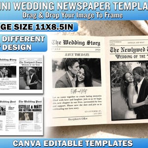 Könnte beinhalten: Eine Mini-Hochzeitszeitungsvorlage mit vier verschiedenen Designs im Format 11x8,5 Zoll. Die bearbeitbaren Canva-Vorlagen zeigen Schwarz-Weiß-Fotos von Paaren, Überschriften wie The Wedding Story und Platzhaltertext für Informationen.