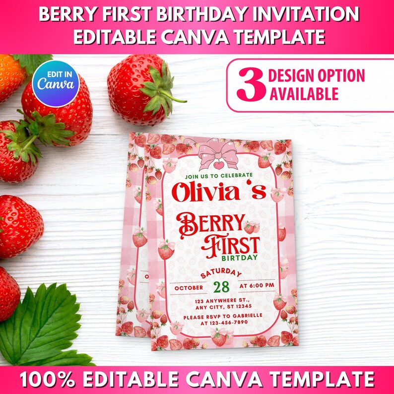Berry First Birthday Invitation, Strawberry 1st Birthday Invite Girl ...