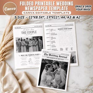 Könnte beinhalten: Eine faltbare, druckbare Hochzeitszeitungsvorlage in Schwarz-Weiß. Das Layout enthält Abschnitte mit den Titeln A Note From The Couple, Meet The Wedding Party und ein Hochzeits-Suchrätsel. Es bietet Platzhalter für Fotos und Text.