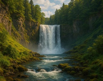 Green Forest Waterfall Print, Calm Nature Decor (Digital Download)