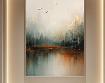 Impresión de paisaje de bosque brumoso, arte mural abstracto neutro (descarga digital)