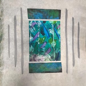 May include: Abstract artwork featuring a rectangular central image with a teal and blue background. The image contains stylized figures and fish in shades of purple, green, and blue. The artwork is framed by dark teal rectangles and vertical gray lines.