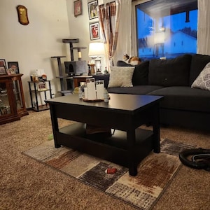May include: A black rectangular coffee table with a lift-top design sits on a patterned rug. The rug features squares of brown, beige, and gray. The room has a dark gray sofa, a cat tree, and framed pictures on the wall.