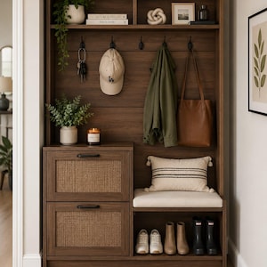 May include: A dark brown wooden entryway organizer with storage drawers, hooks, and a bench. The organizer features a woven texture on the drawer fronts, a white cushion, and a variety of items, including shoes, a hat, and a jacket.