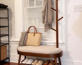 Solid Wood Hall Tree Bench with Cushion Seat, Coat Rack Organizer, Mudroom Storage