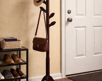 Solid Wood Coat Rack, Adjustable Height Hall Tree with Leaf Hooks