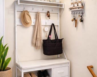 Rustic Hall Tree Bench, Coat Rack with Hooks, Shoe Storage and Drawers