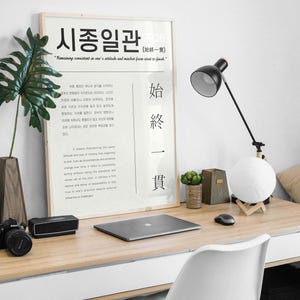 Könnte beinhalten: Ein moderner Schreibtisch mit einem gerahmten Druck, einem Laptop und einer Schreibtischlampe. Der Druck zeigt Text auf Koreanisch und Englisch. Ein weißer Stuhl und eine Kamera sind ebenfalls zu sehen. Der Schreibtisch ist aus hellem Holz.