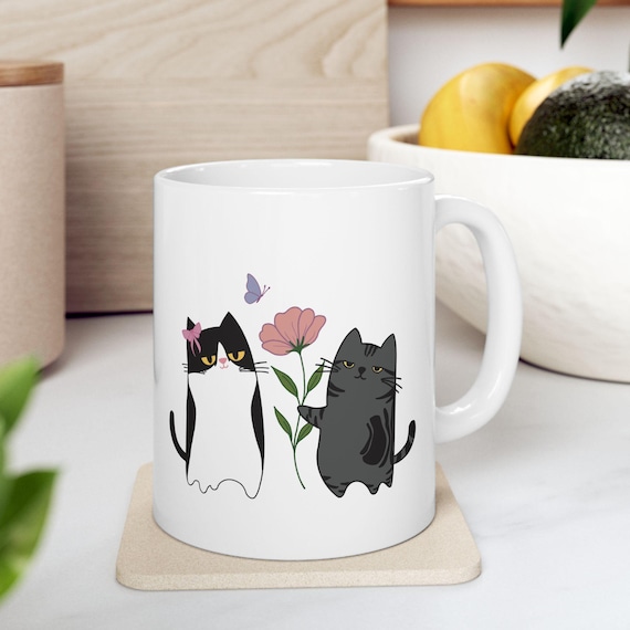 Cute Cat Couple Mug with Flower & Butterfly / Ceramic Coffee Mug for Cat Lovers