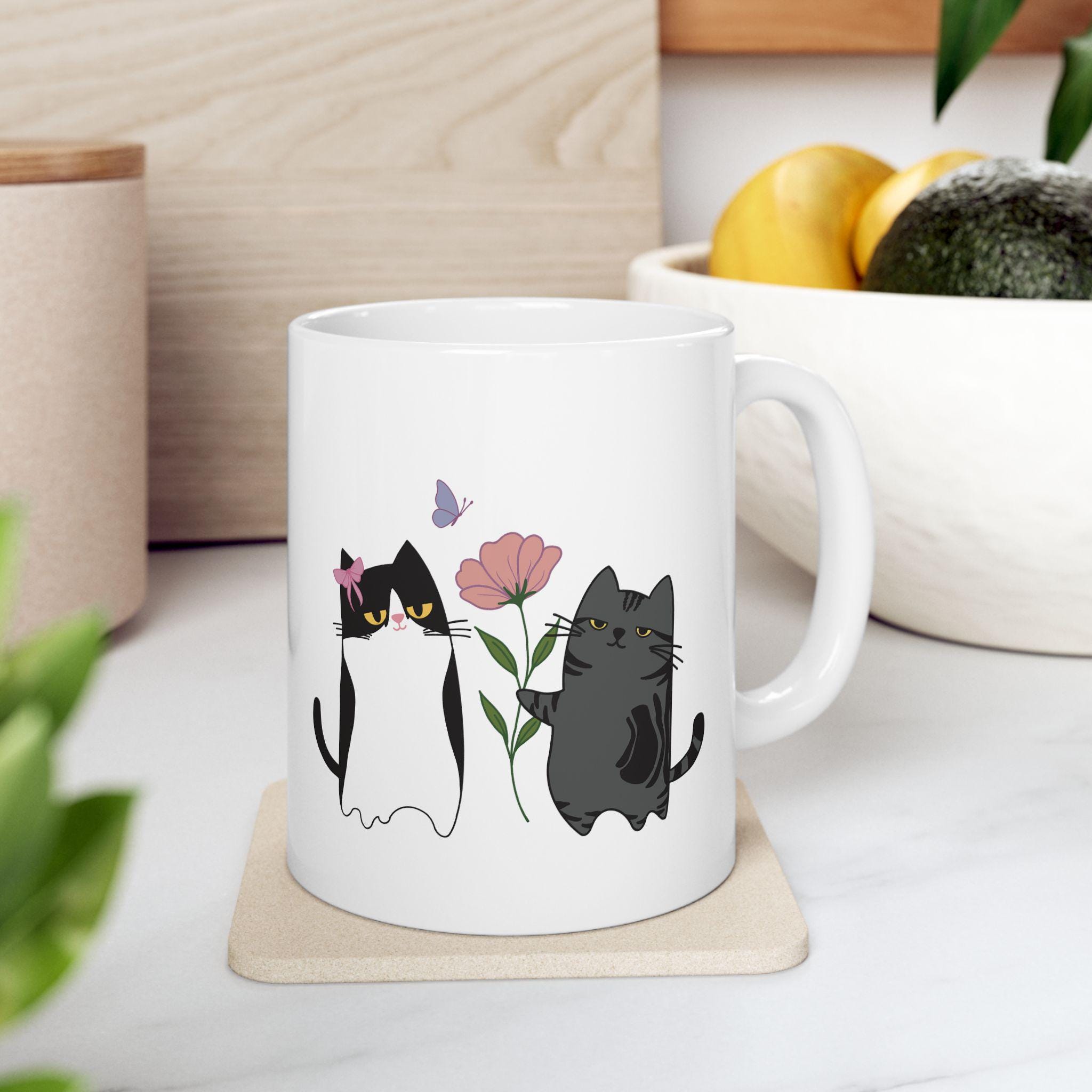 Cute Cat Couple Mug with Flower & Butterfly / Ceramic Coffee Mug for Cat Lovers