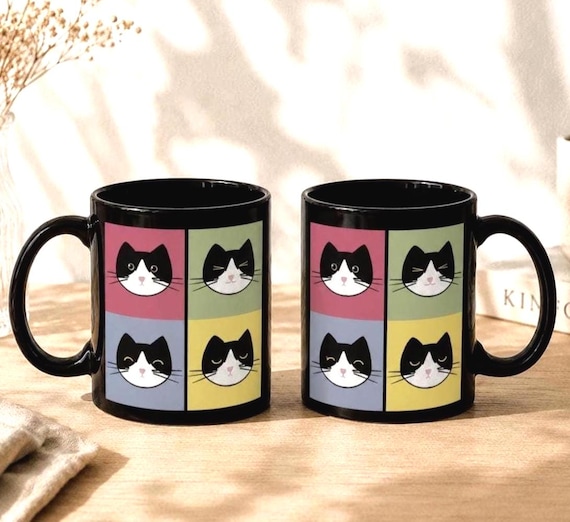 Tuxedo Cat Pop Art Mug | Black Ceramic Coffee Cup