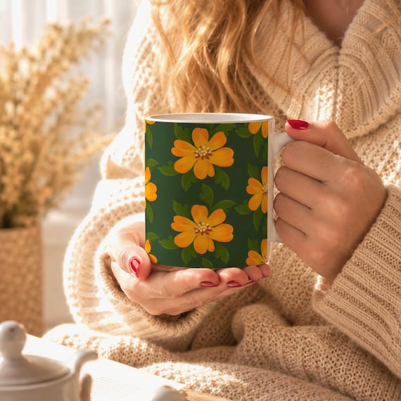 Yellow Floral Ceramic Mug, Retro Botanical Cottagecore Cup